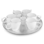 Round Silver Thal With 6 Tea Cups + 1 Milk Pot