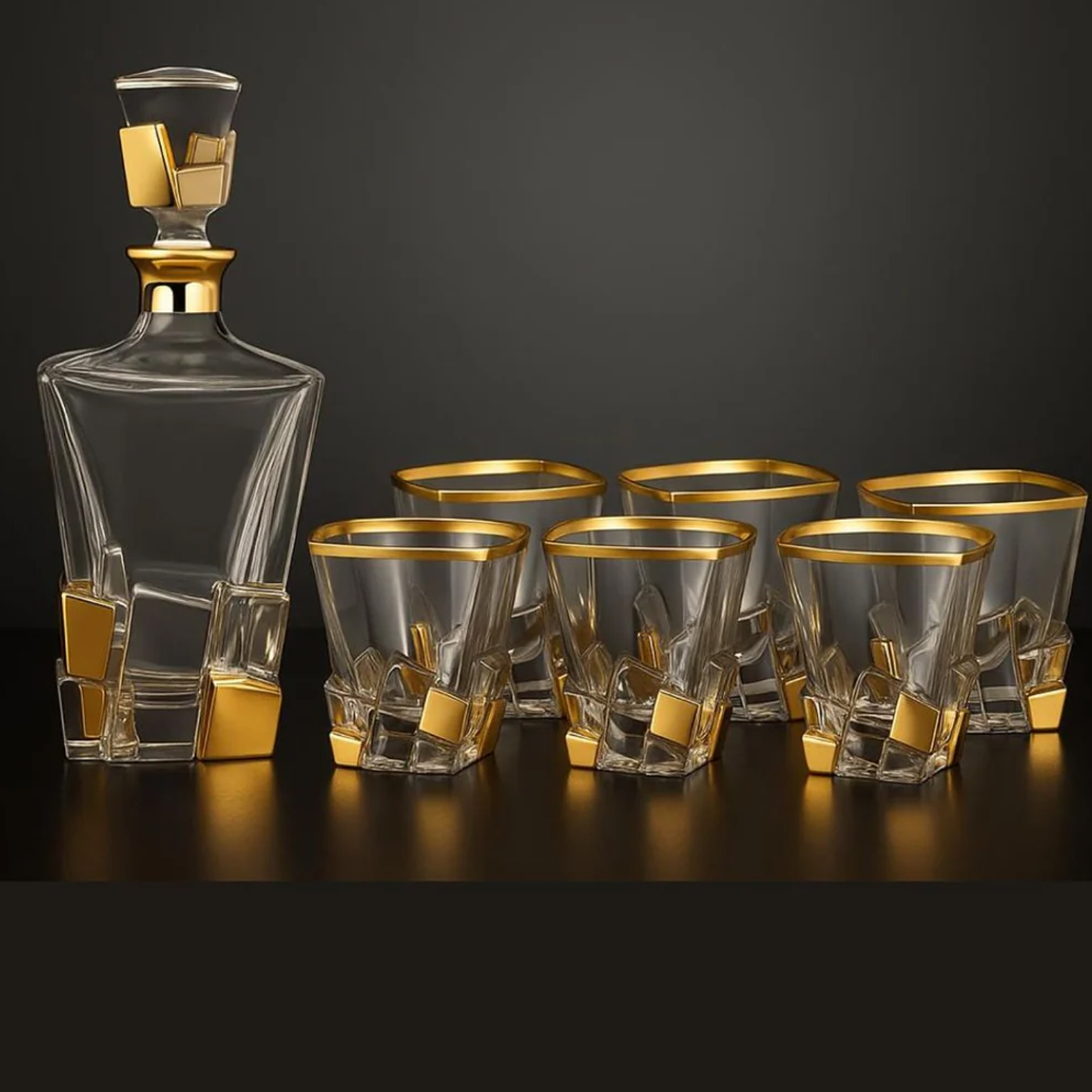 Set of 6 Platinum Gold Glasses + Decanter- Golden