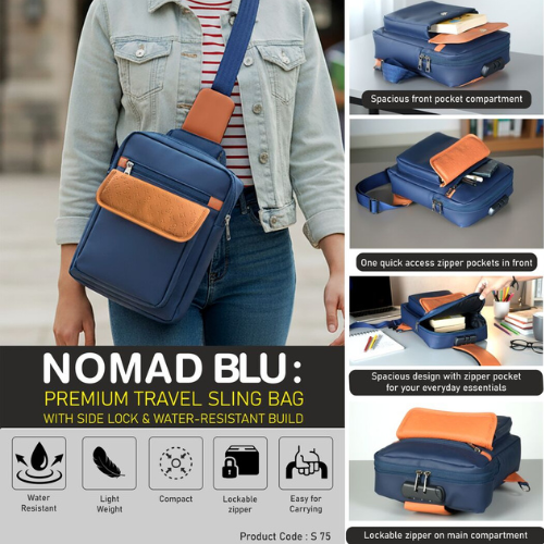 Nomad Blu: Premium travel sling bag with Side lock | Waterproof build with 3 pockets | Perfect for travel