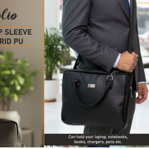 Matrix Folio: Slim Corporate Laptop Sleeve in Embossed Micro-Grid PU | Super premium finish | Stroller carry strap | Metal Branding plate
