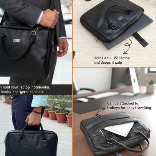 Matrix Folio: Slim Corporate Laptop Sleeve in Embossed Micro-Grid PU | Super premium finish | Stroller carry strap | Metal Branding plate - Image 3
