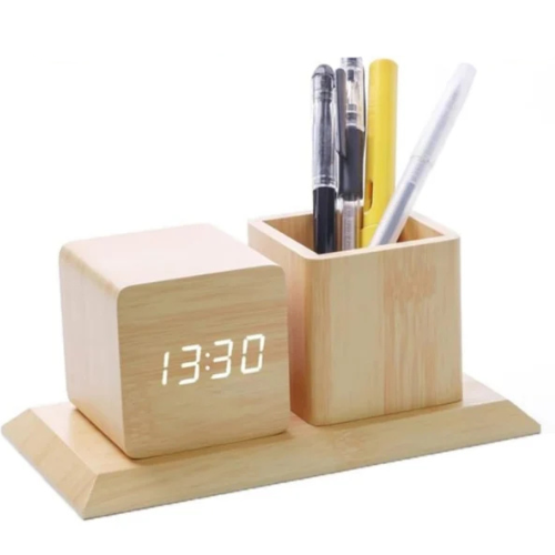Wooden Pen Holder with LED Clock – Quantum & Pulse Desk Organizer