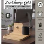 Premium Bamboo Wireless Charger with Clock & Pen Stand