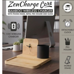 Premium Bamboo Wireless Charger with Clock & Pen Stand