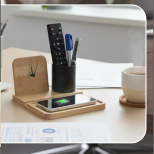 Premium Bamboo Wireless Charger with Clock & Pen Stand