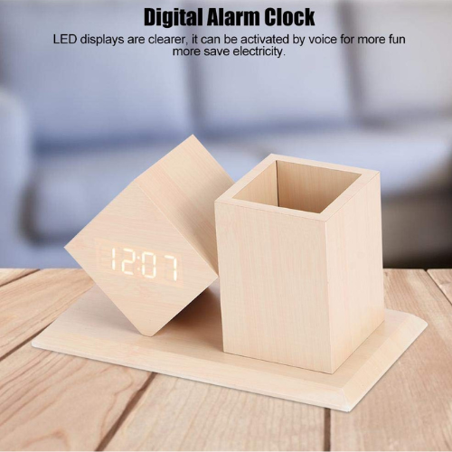 Wooden Pen Holder with LED Clock – Quantum & Pulse Desk Organizer