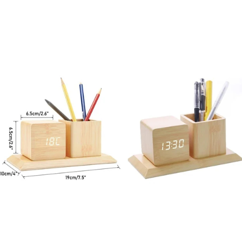 Wooden Pen Holder with LED Clock – Quantum & Pulse Desk Organizer