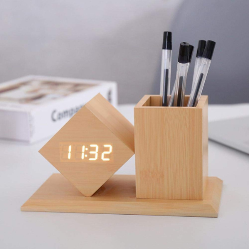 Wooden Pen Holder with LED Clock – Quantum & Pulse Desk Organizer