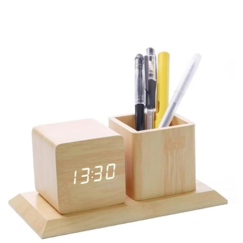 Wooden Pen Holder with LED Clock – Quantum & Pulse Desk Organizer