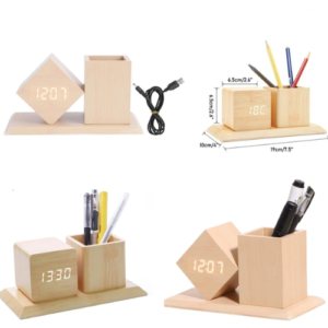 Wooden Pen Holder with LED Clock – Quantum & Pulse Desk Organizer