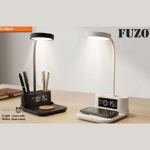 FUZO Desk Lamp with Wireless Charger –LED Pen Stand & Clock