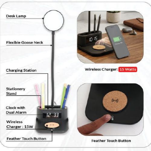 FUZO Desk Lamp with Wireless Charger –LED Pen Stand & Clock