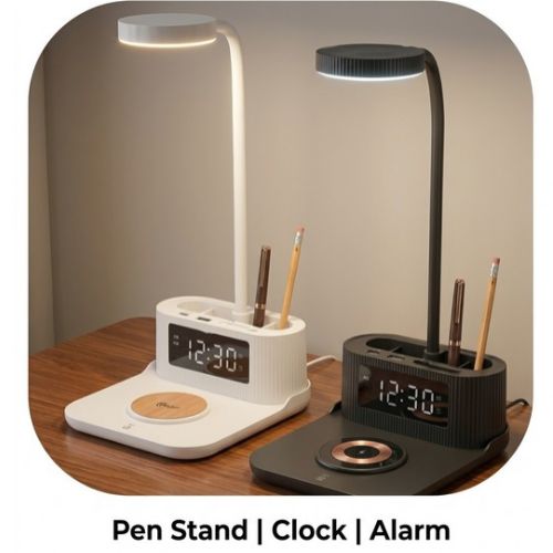 FUZO Desk Lamp with Wireless Charger –LED Pen Stand & Clock