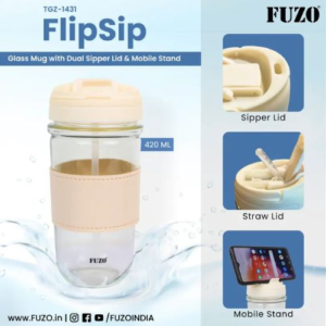 FUZO Essential Glass Mug with Sipper Lid - FlipSip 420ML