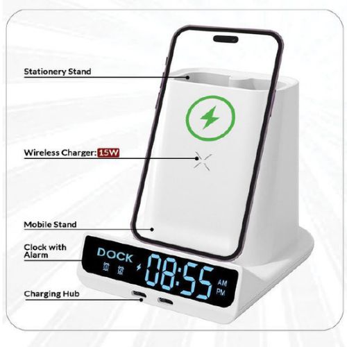 FUZO Wireless Charging Station with Clock –Dock Multi-Utility Stand