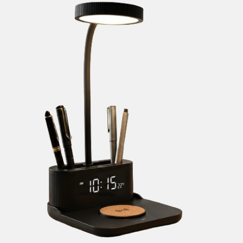 Desk Lamp with Wireless Charger – FUZO LED Pen Stand & Clock