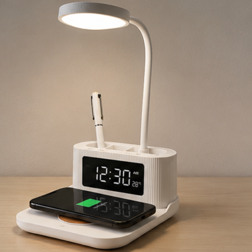 Desk Lamp with Wireless Charger – FUZO LED Pen Stand & Clock
