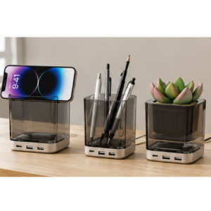 Essential Desk Lamp with Clock and Pen Stand