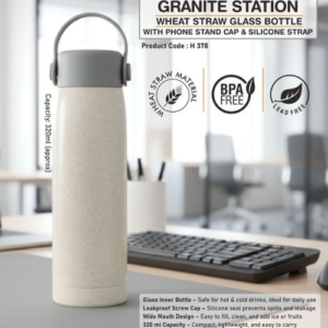 GraniteStation: Wheat Straw Glass Bottle with Phone Stand Cap & Silicone Strap