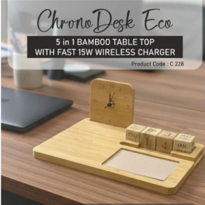 PowerPlus ChronoDesk Eco Bamboo Desk Organizer with Clock