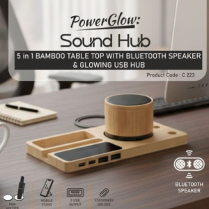 PowerPlus Desk Organizer PowerGlow Sound Hub Bamboo 5-in-1