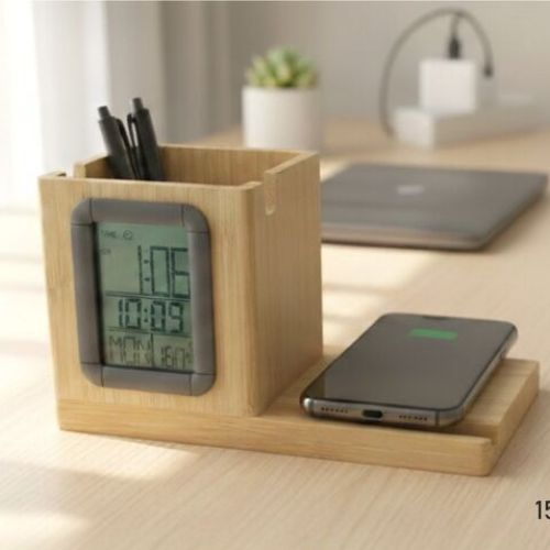 PowerPlus ZenCharge TimeWireless Charger with Bamboo Pen Stand 15W