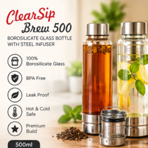 ClearSip Brew 500: Borosilicate Glass Bottle with Steel Infuser