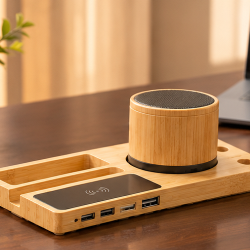 PowerGlow: Sound Hub | Bamboo 5-in-1 Desk Organizer