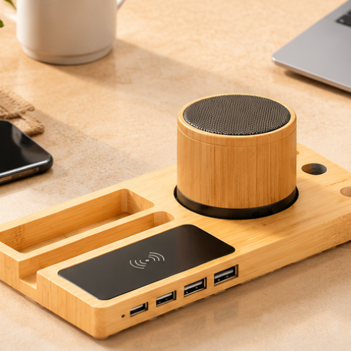 PowerGlow: Sound Hub | Bamboo 5-in-1 Desk Organizer