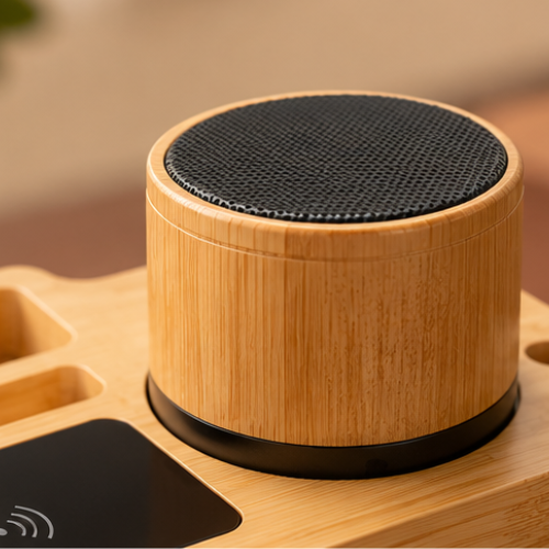 PowerGlow: Sound Hub | Bamboo 5-in-1 Desk Organizer