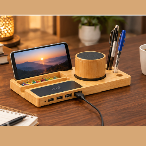 PowerGlow: Sound Hub | Bamboo 5-in-1 Desk Organizer