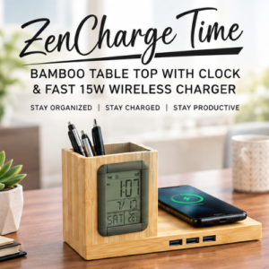 ZenCharge Time: 15W Wireless Charger with Bamboo Pen Stand