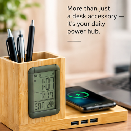 ZenCharge Time: 15W Wireless Charger with Bamboo Pen Stand