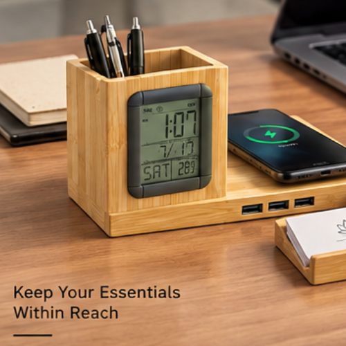 ZenCharge Time: 15W Wireless Charger with Bamboo Pen Stand