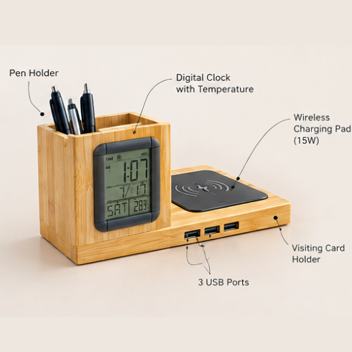ZenCharge Time: 15W Wireless Charger with Bamboo Pen Stand