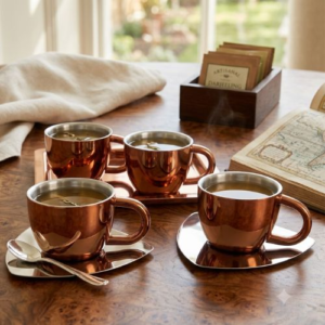 4 Piece Cup Set - H2610 Copper Plated with Tray, Gift Box