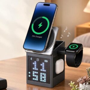 5 in 1 Wireless Charger with Speaker & Clock – Pixel E038