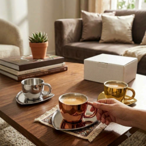 Cup Set - H2611 Copper Plated, Mirror Finish Saucers