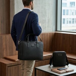 Police Stuoia Laptop Bag – Black Woven-Texture Office Briefcase