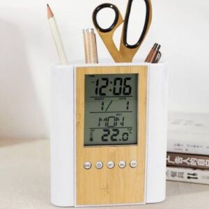 Table Clock – Bamboo Table Clock with Pen Holder