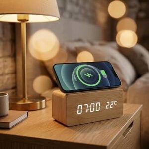 Table Clock – Wooden LED with Wireless Charging