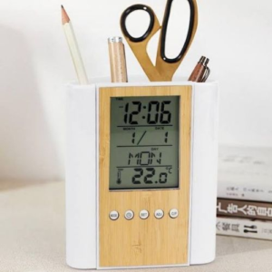 Table Clock – VACTIVE Bamboo Table Clock with Pen Holder