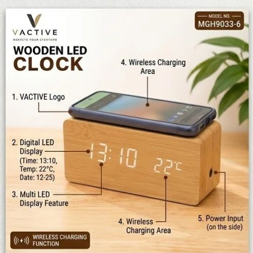 Table Clock – VACTIVE Wooden LED with Wireless Charging Table Clock – VACTIVE Wooden LED with Wireless Charging
