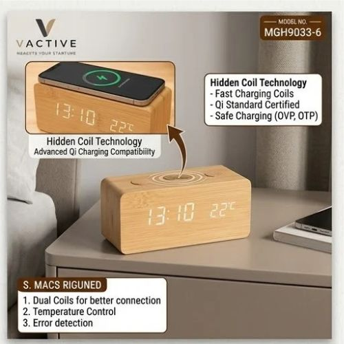 Table Clock – VACTIVE Wooden LED with Wireless Charging Table Clock – VACTIVE Wooden LED with Wireless Charging